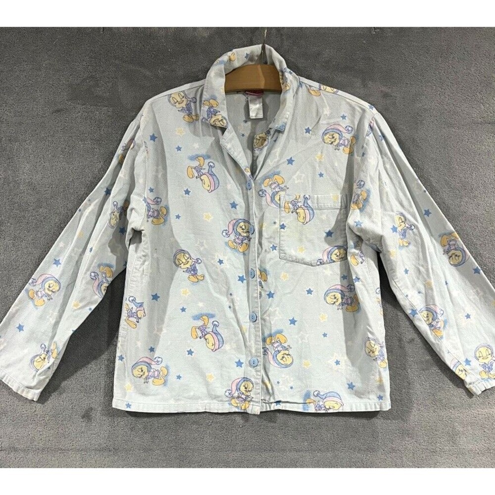 Vintage Tweety Bird Looney Tunes Blue Flannel Sleepwear Pajama Top Button Sz S